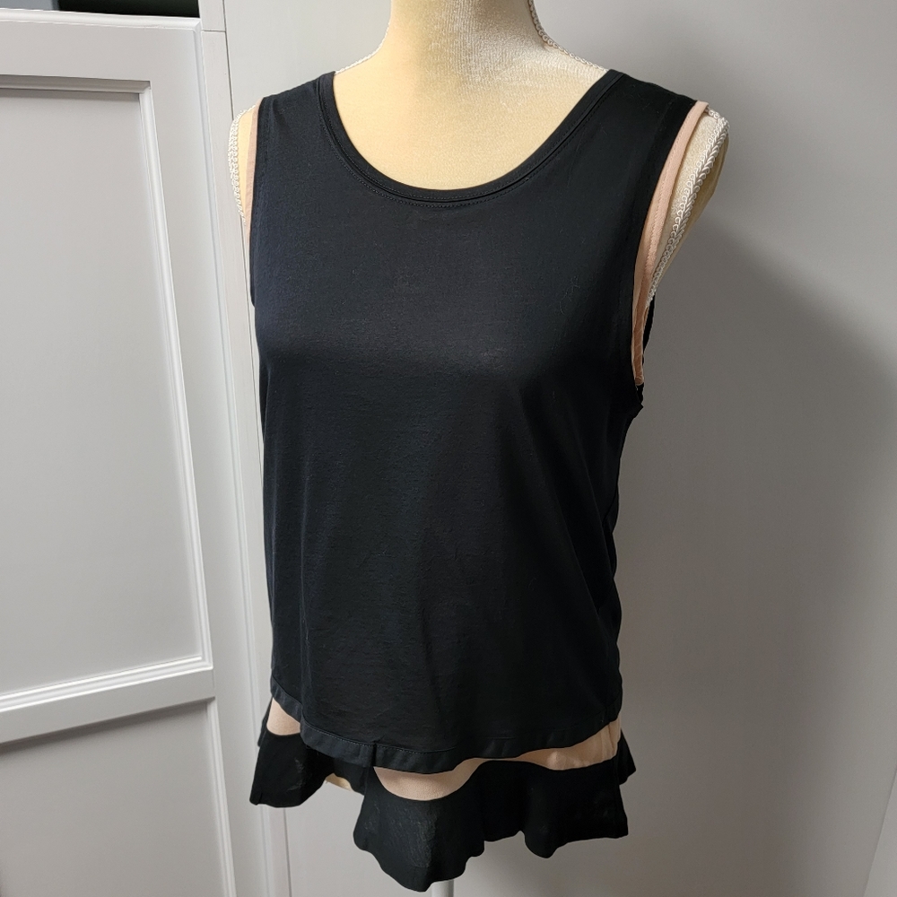 J Crew Black Label Layered Ruffle Sleeveless Tank Top Black Cream Size Small
